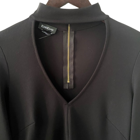 Bebe Black Deep V-Neck Collared Long Sleeve Top Size Medium - Picture 3 of 6